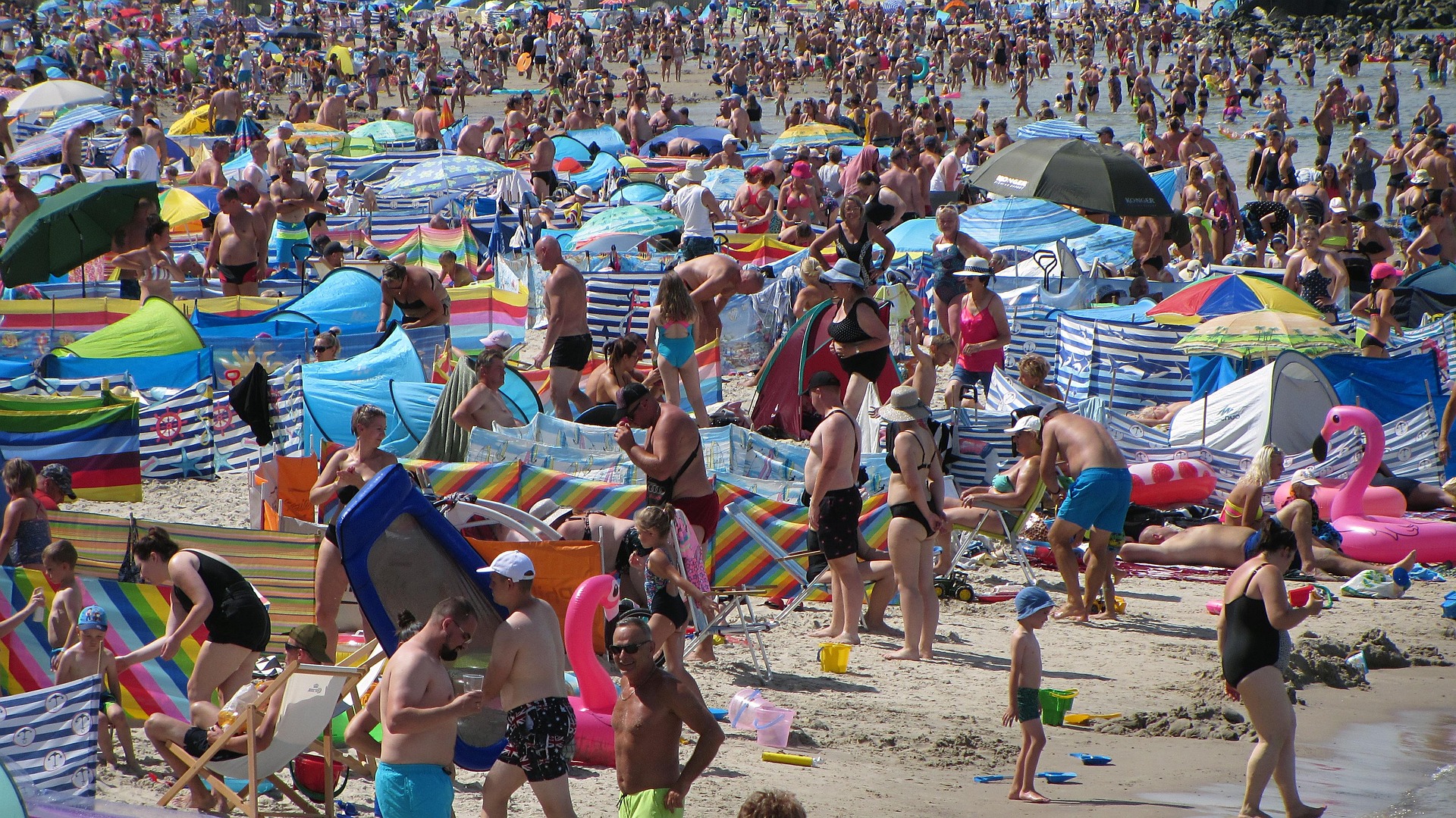 Crowded beach with parasols and swimmers